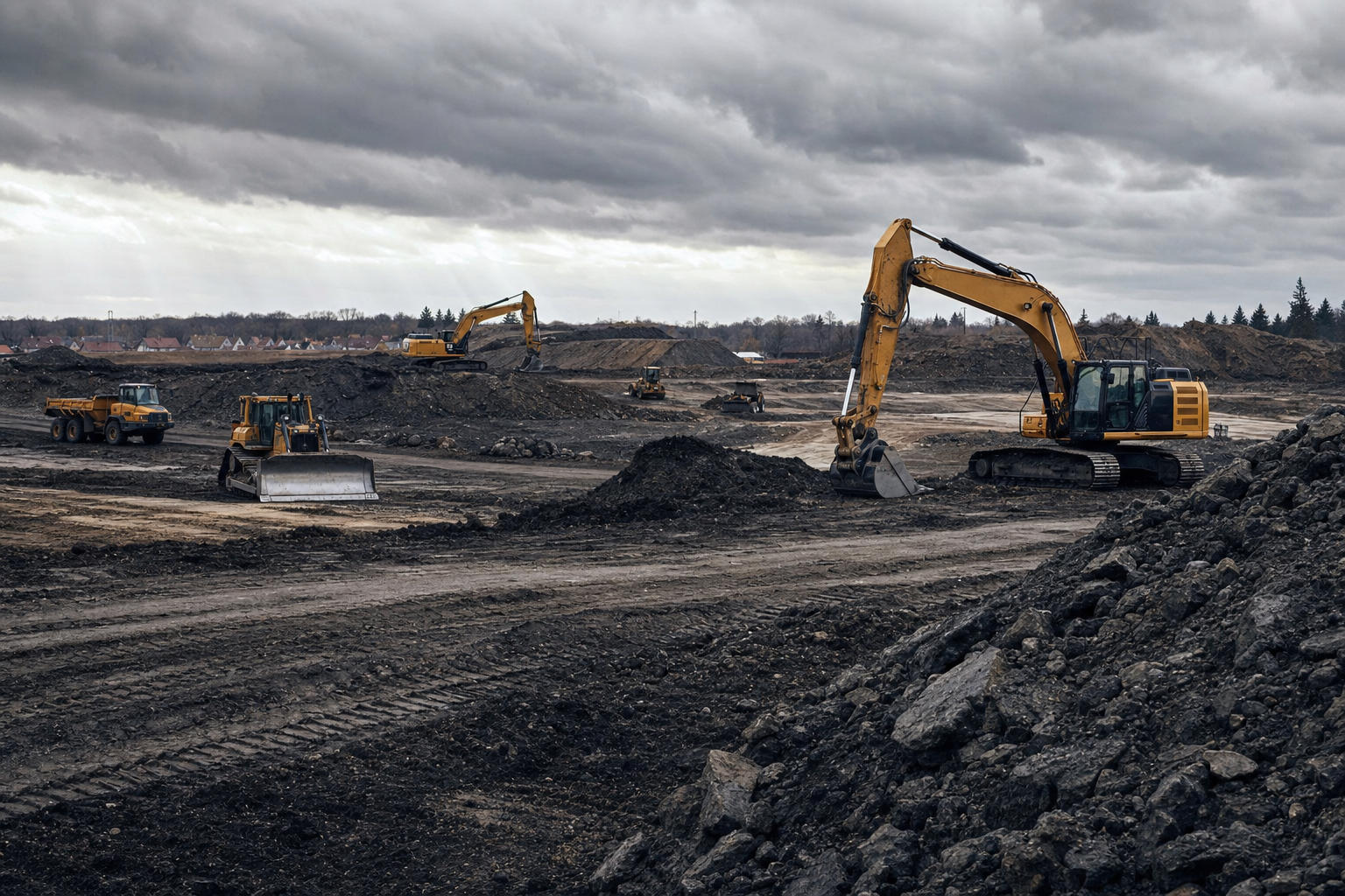 Cleared construction site with heavy machinery preparing land