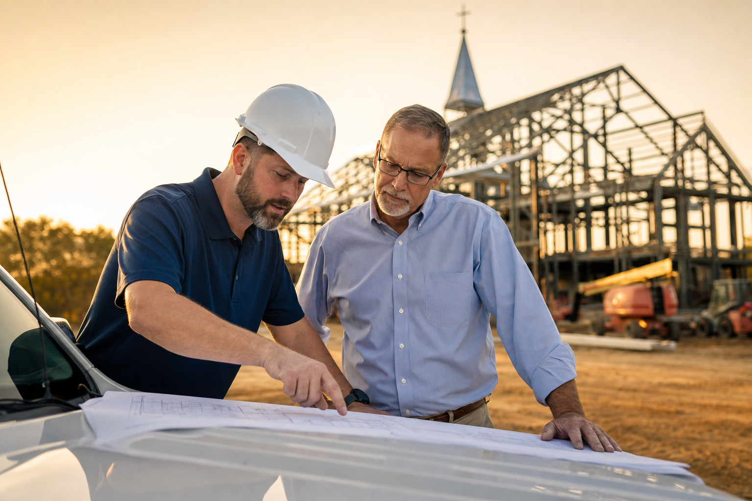 Construction consultant reviewing blueprints with a church leader at a building site