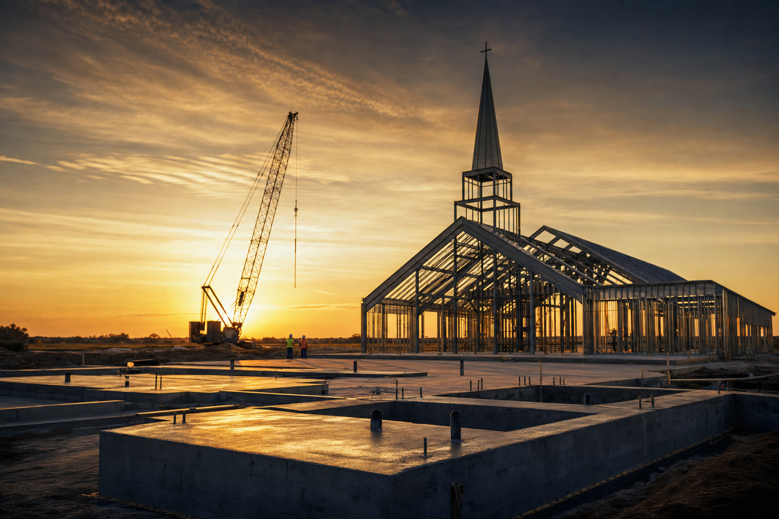 Church sanctuary under construction at golden hour — steel frame and steeple rising over a fresh concrete foundation in the Florida Panhandle